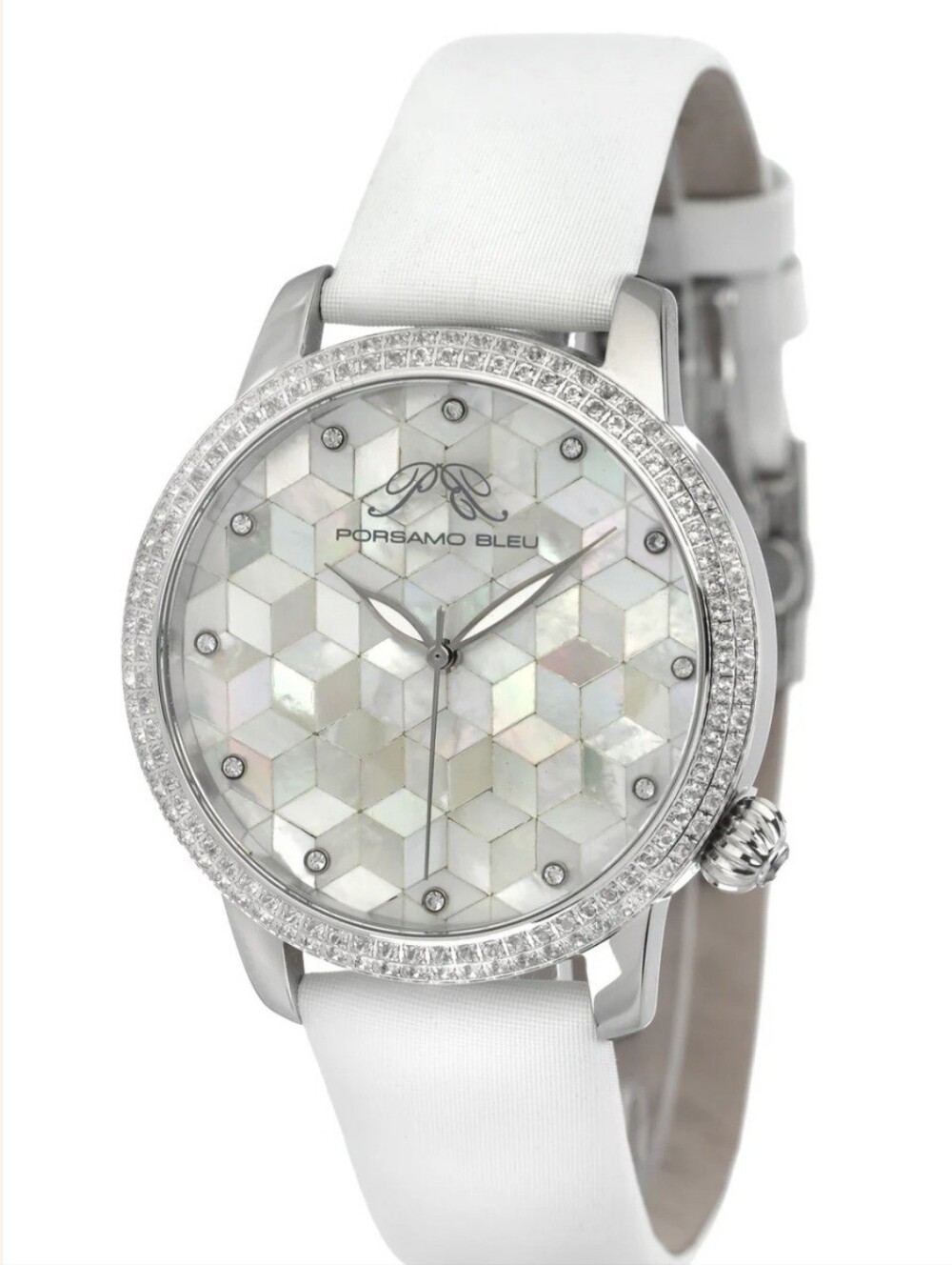 Porsamo Bleu Luxury White Leather Mother-of-Pearl Geometric Dial Women's Watch